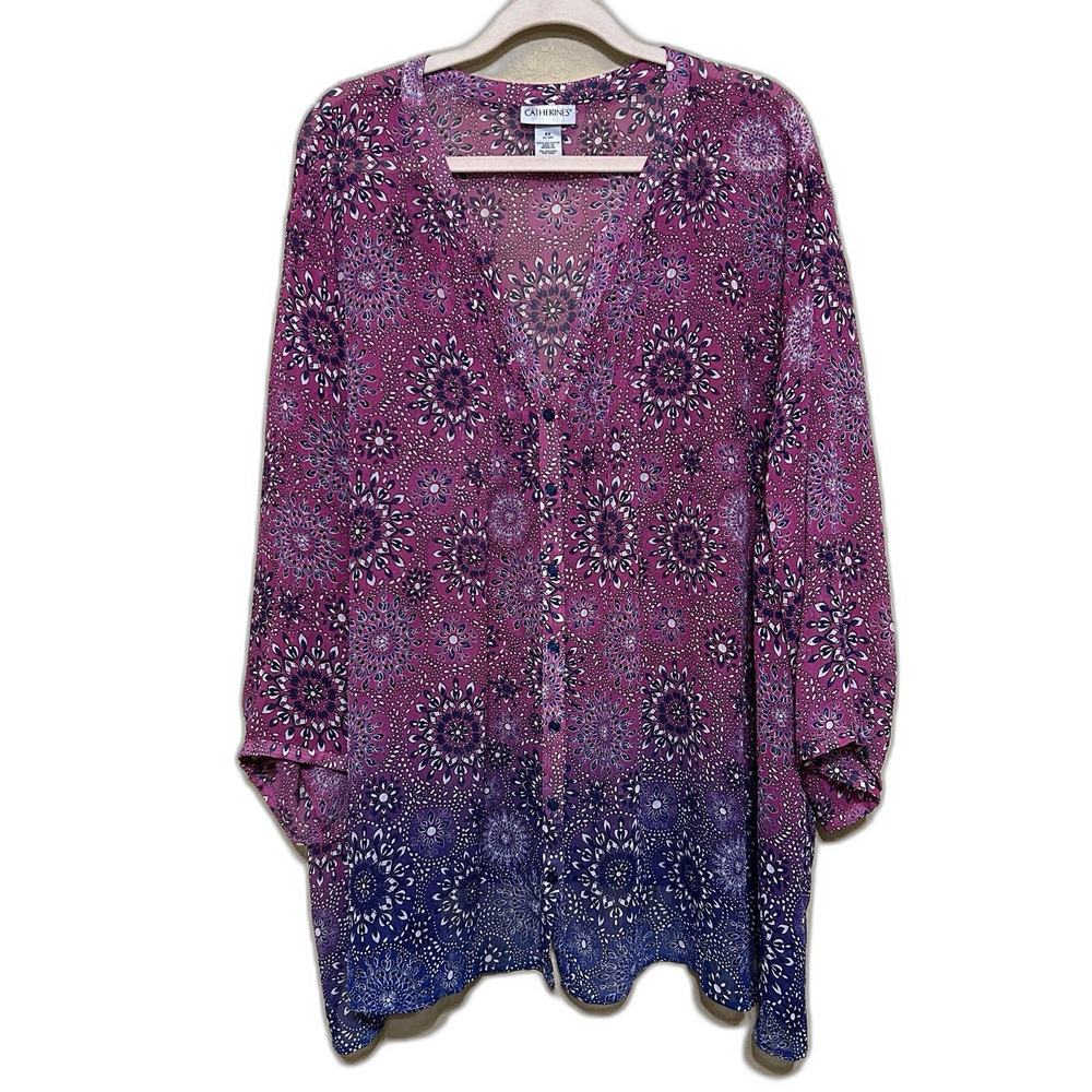 Catherines Chiffon Tunic Top Womens 5X Purple Floral Semi Sheer Peasant Boho